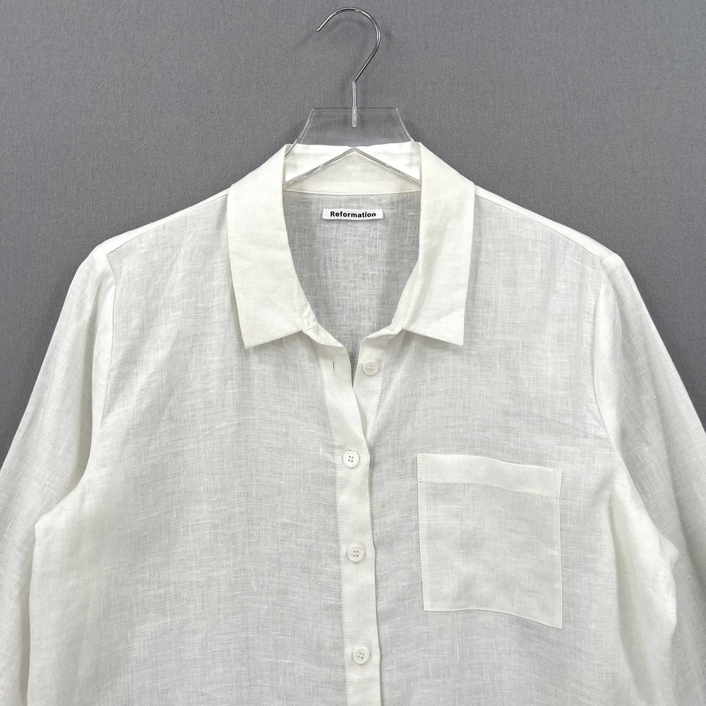 REFORMATION Sky Top Relaxed Linen Shirt Womens Large White Long Sleeve Button Up - Picture 6 of 14
